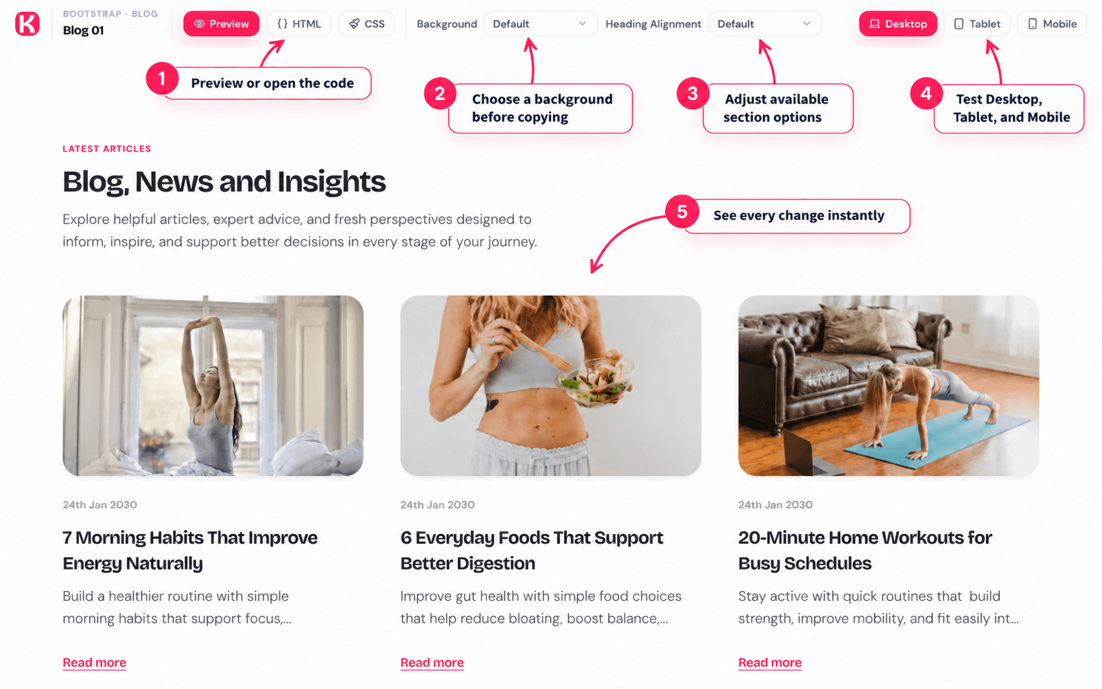 Annotated KitFront section Preview explaining the code tabs, background options, section controls, device preview buttons, and live preview area